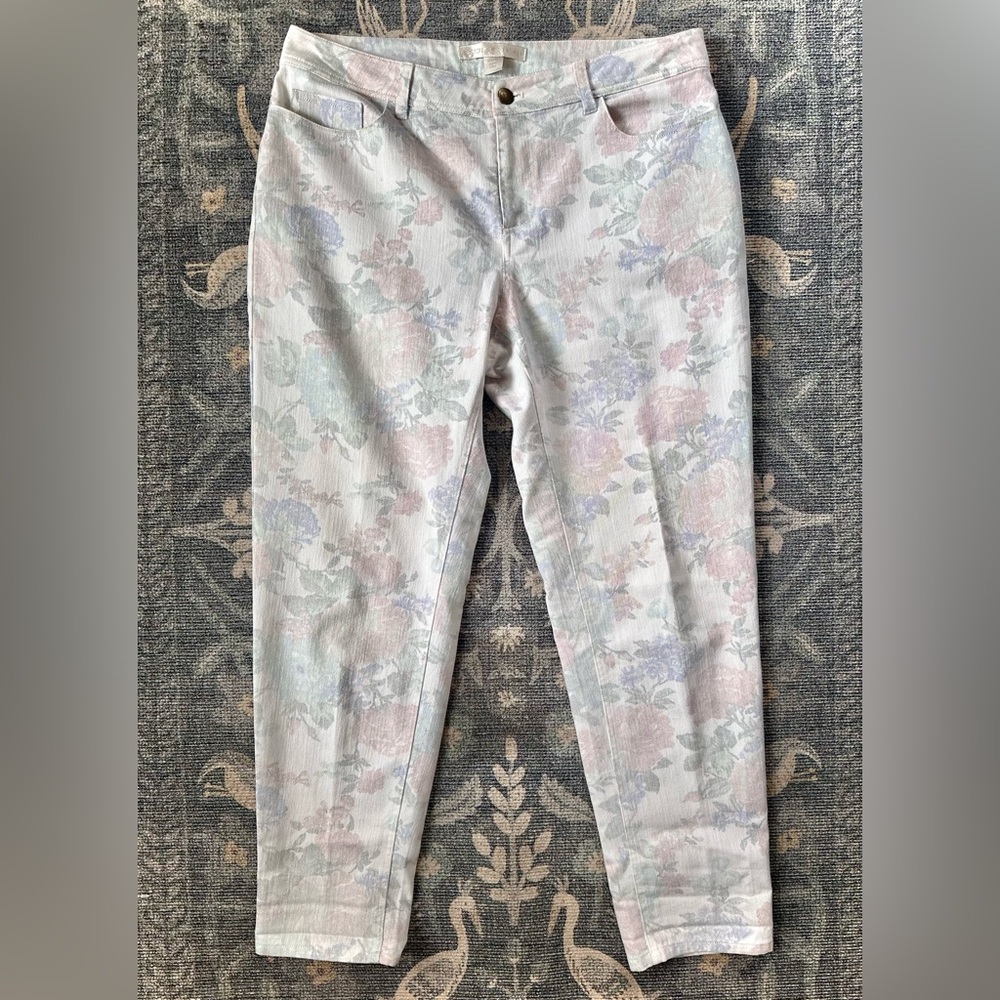 Boston Proper Tapered Leg White with multicolored Floral Patterned Jeans
